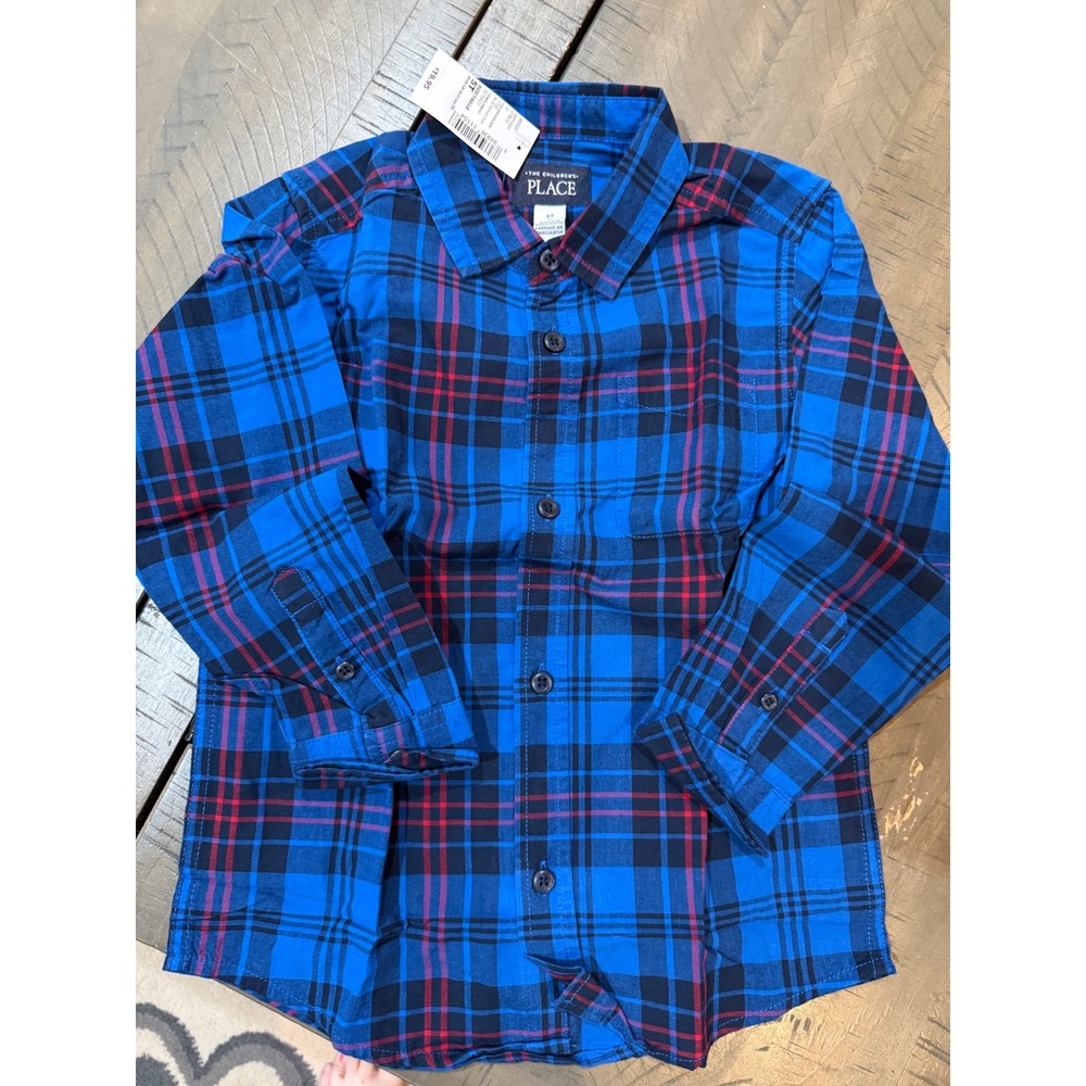 The Childrens Place Boys Blue Plaid Button Down Shirt Long Sleeve 5T New NWT